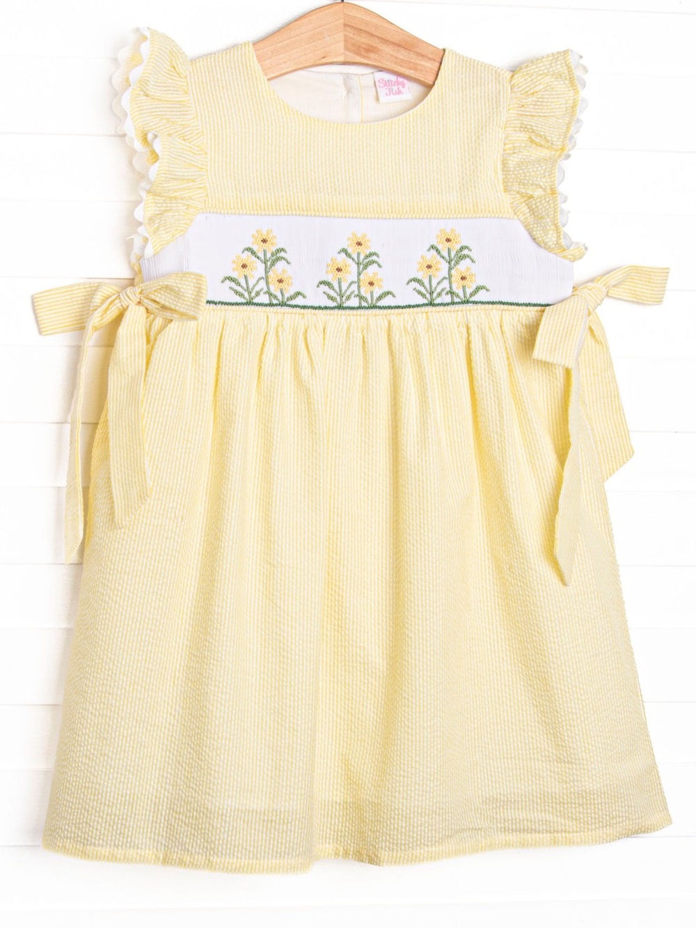 Stitchy Fish Smocked Side Tie Yellow Seersucker Floral Dress Ruffle 9M Southern